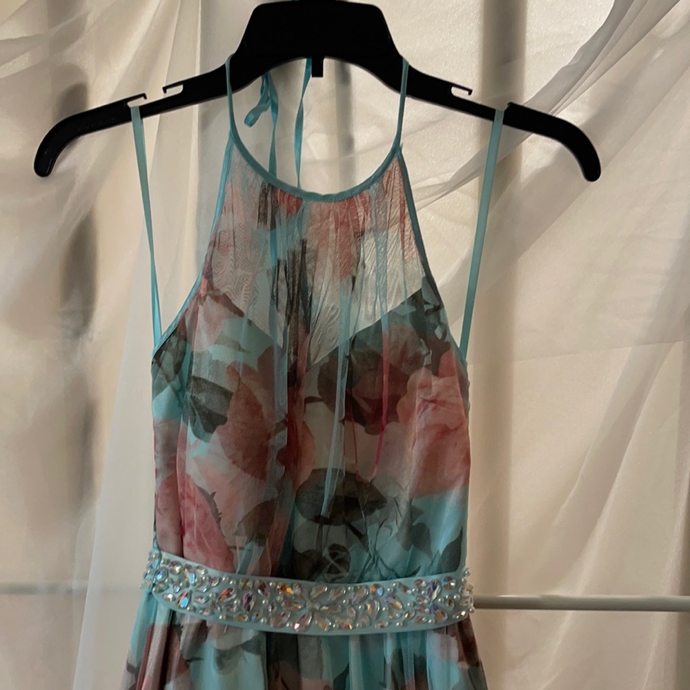 Pink and light blue floral long prom dress